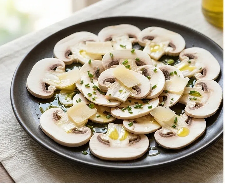 Carpaccio de champiñones crudos con AOVE, limón y lascas de queso- ID: 165