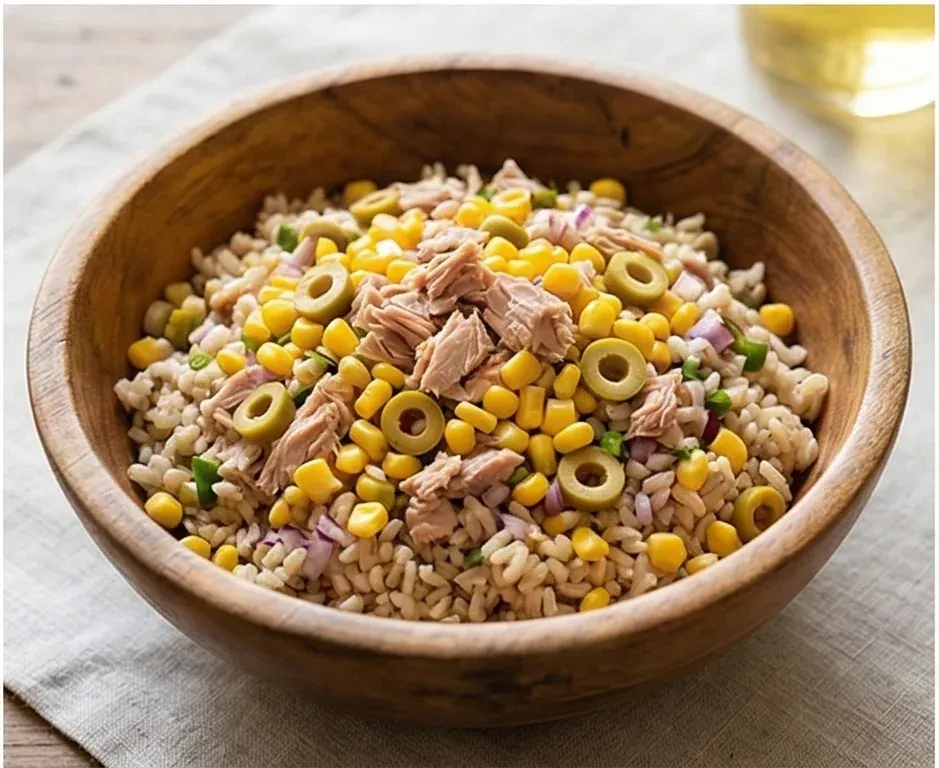 Ensalada de arroz integral con atún, maíz dulce y aceitunas verdes- ID: 169