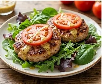 Hamburguesas de pavo caseras servidas sobre ensalada verde- ID: 189