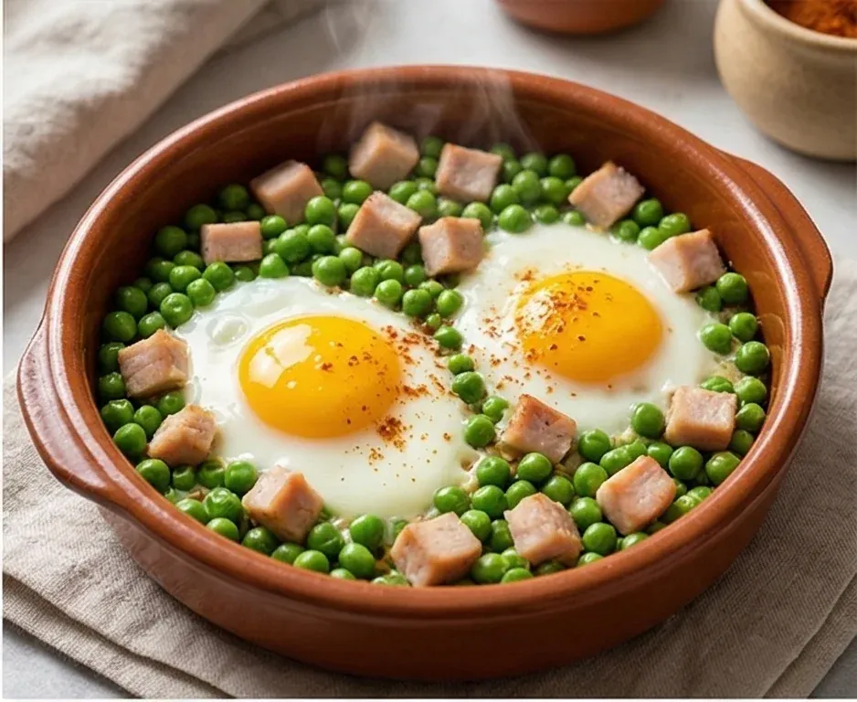Huevos al plato horneados con base de guisantes y taquitos de pavo- ID: 161