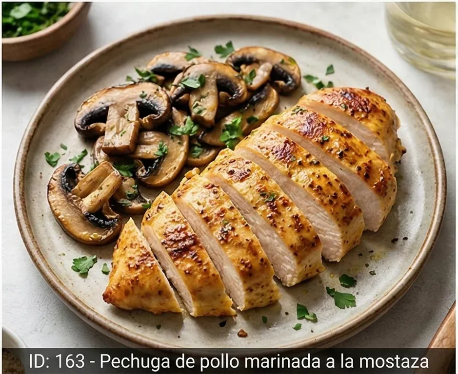 Pechuga de pollo marinada a la mostaza con guarnición de champiñones- ID: 163