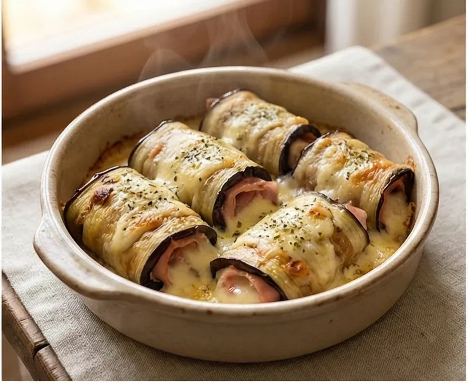 Rollitos de berenjena horneada rellenos de jamón cocido y queso ligero- ID: 166