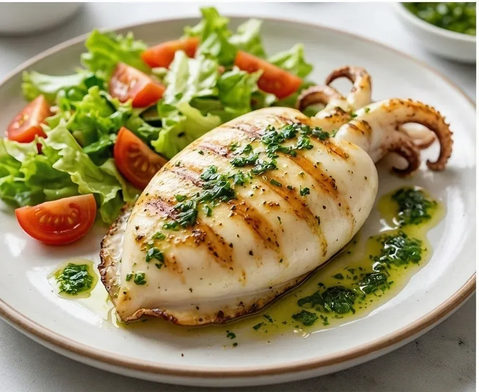 Sepia a la plancha con majado de ajo, perejil y ensalada mixta- ID: 174